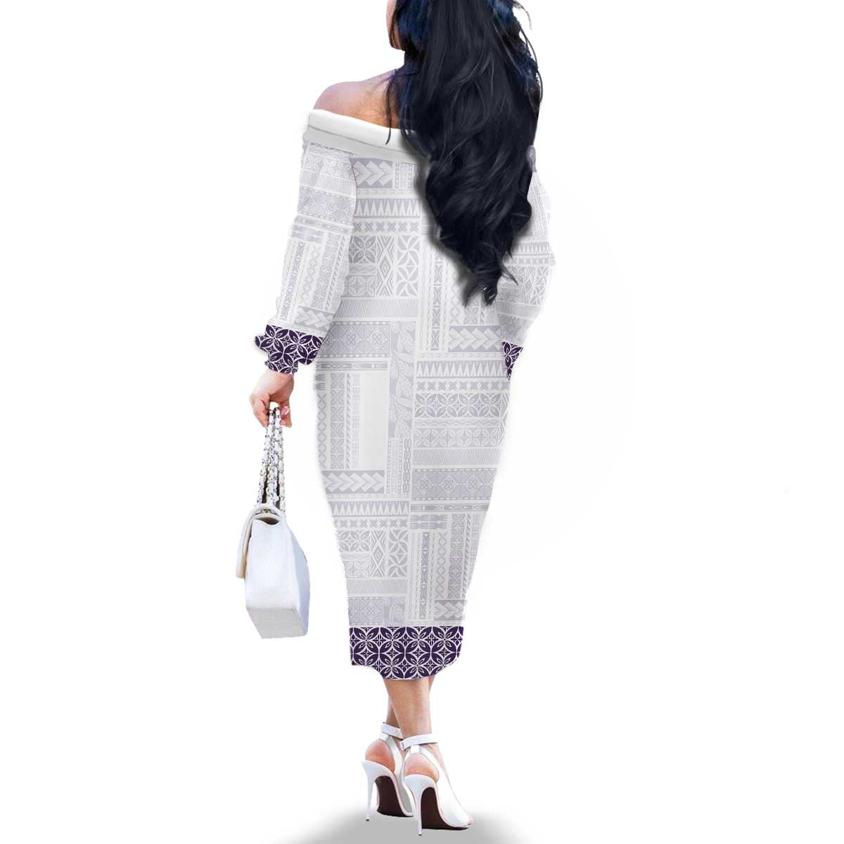 Samoa Siapo Purple Trimmed Family Matching Off The Shoulder Long Sleeve Dress and Hawaiian Shirt Samoa White Sunday LT01 - Polynesian Pride