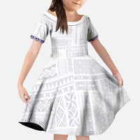 Samoa Siapo Purple Trimmed Family Matching Off Shoulder Maxi Dress and Hawaiian Shirt Samoa White Sunday LT01 Daughter's Dress Purple - Polynesian Pride