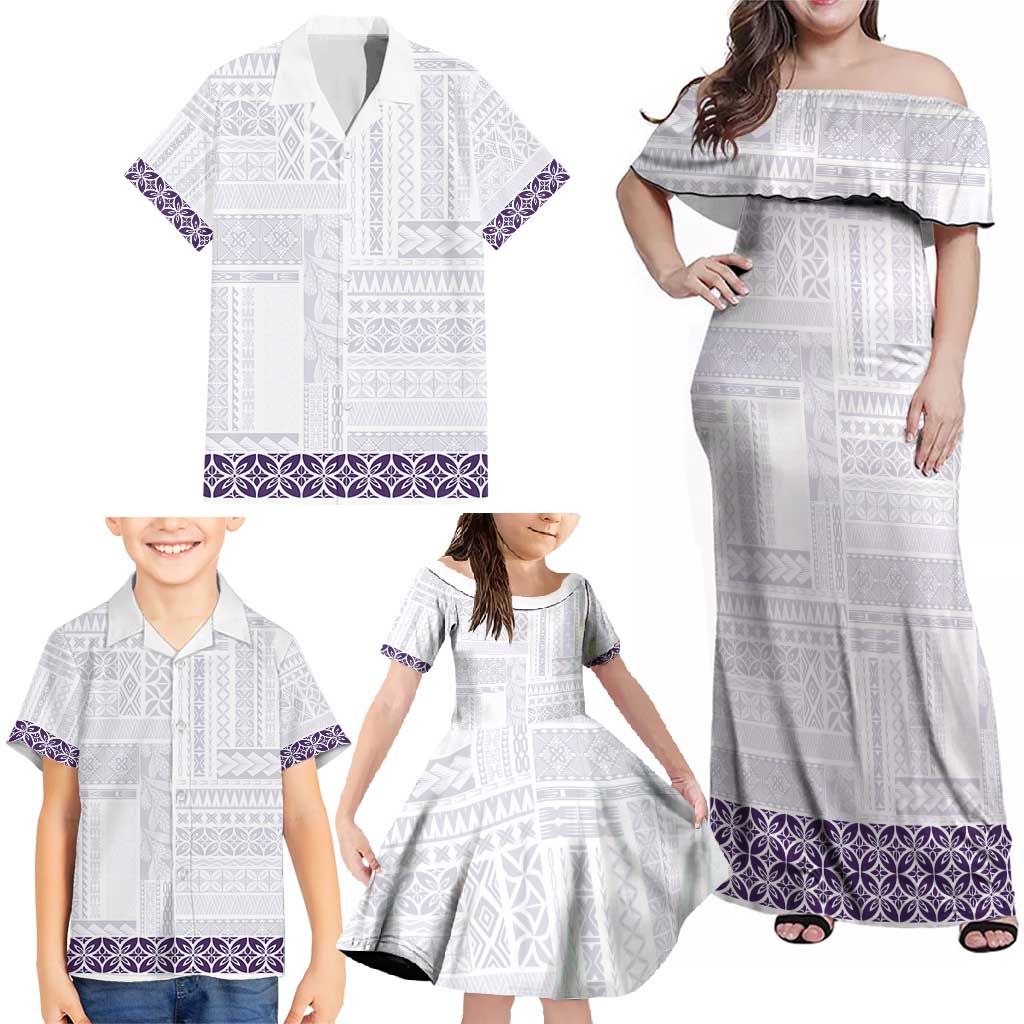 Samoa Siapo Purple Trimmed Family Matching Off Shoulder Maxi Dress and Hawaiian Shirt Samoa White Sunday LT01 - Polynesian Pride