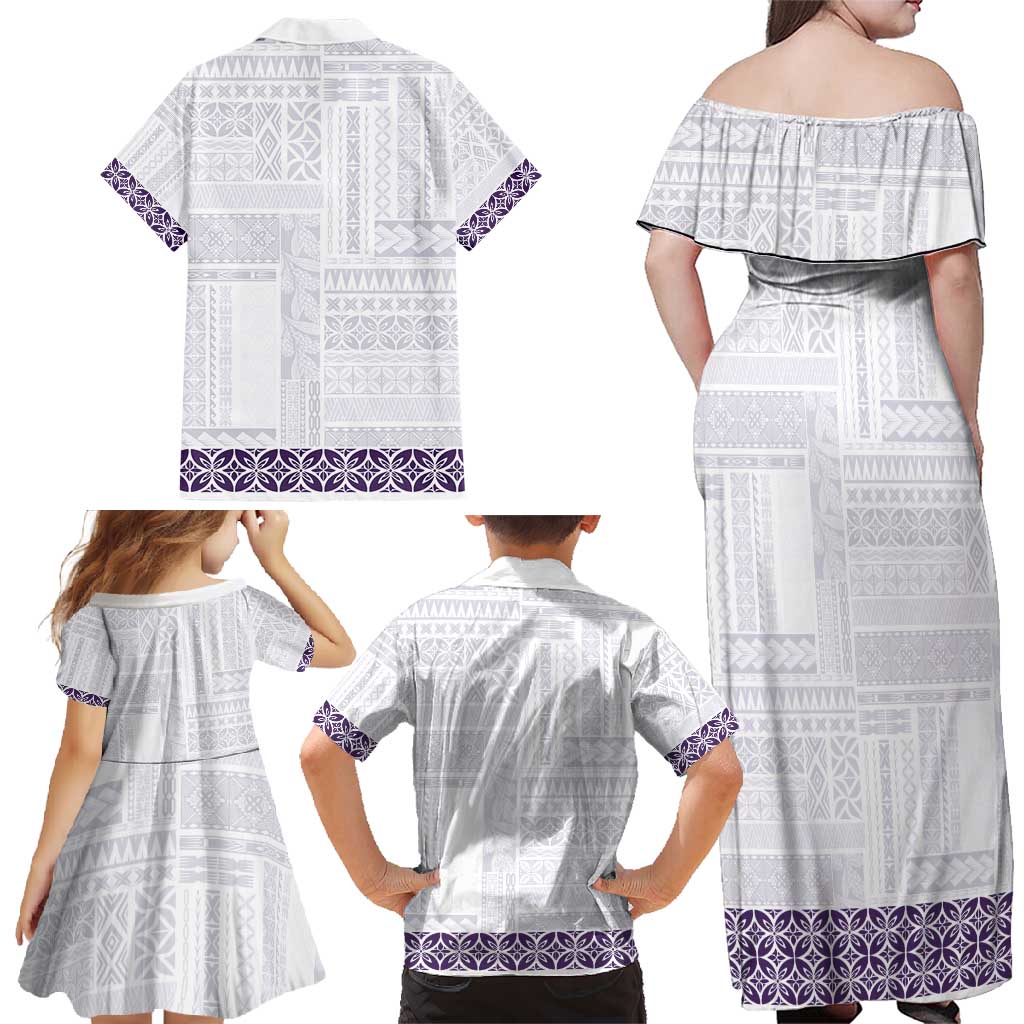 Samoa Siapo Purple Trimmed Family Matching Off Shoulder Maxi Dress and Hawaiian Shirt Samoa White Sunday LT01 - Polynesian Pride
