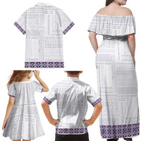 Samoa Siapo Purple Trimmed Family Matching Off Shoulder Maxi Dress and Hawaiian Shirt Samoa White Sunday LT01 - Polynesian Pride
