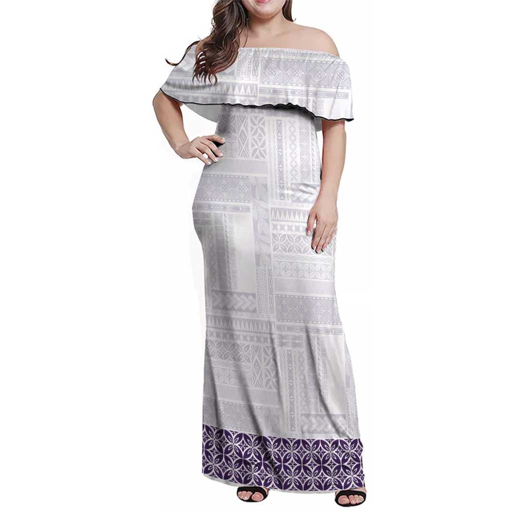 Samoa Siapo Purple Trimmed Family Matching Off Shoulder Maxi Dress and Hawaiian Shirt Samoa White Sunday LT01 Mom's Dress Purple - Polynesian Pride
