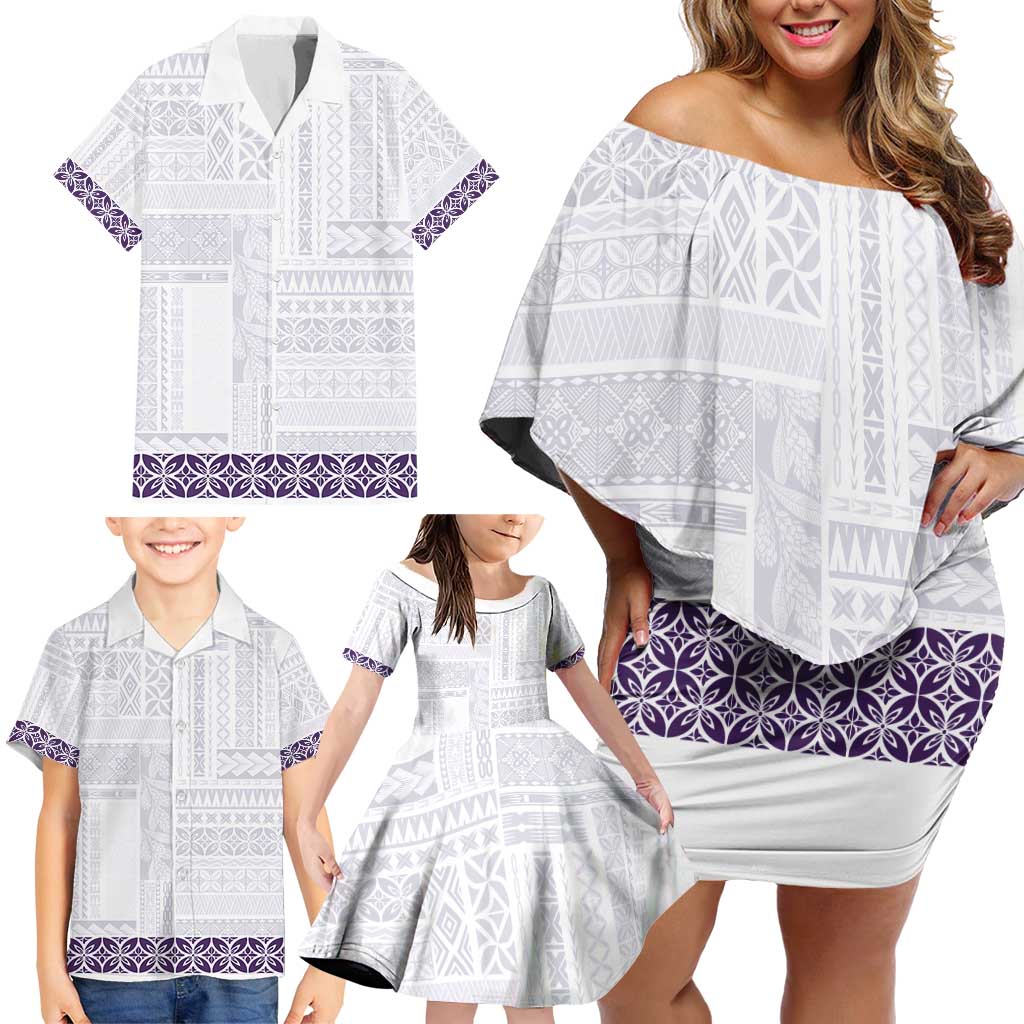 Samoa Siapo Purple Trimmed Family Matching Off Shoulder Short Dress and Hawaiian Shirt Samoa White Sunday LT01 - Polynesian Pride