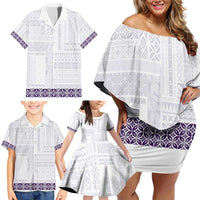 Samoa Siapo Purple Trimmed Family Matching Off Shoulder Short Dress and Hawaiian Shirt Samoa White Sunday LT01 - Polynesian Pride