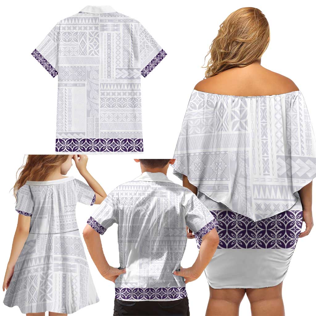 Samoa Siapo Purple Trimmed Family Matching Off Shoulder Short Dress and Hawaiian Shirt Samoa White Sunday LT01 - Polynesian Pride