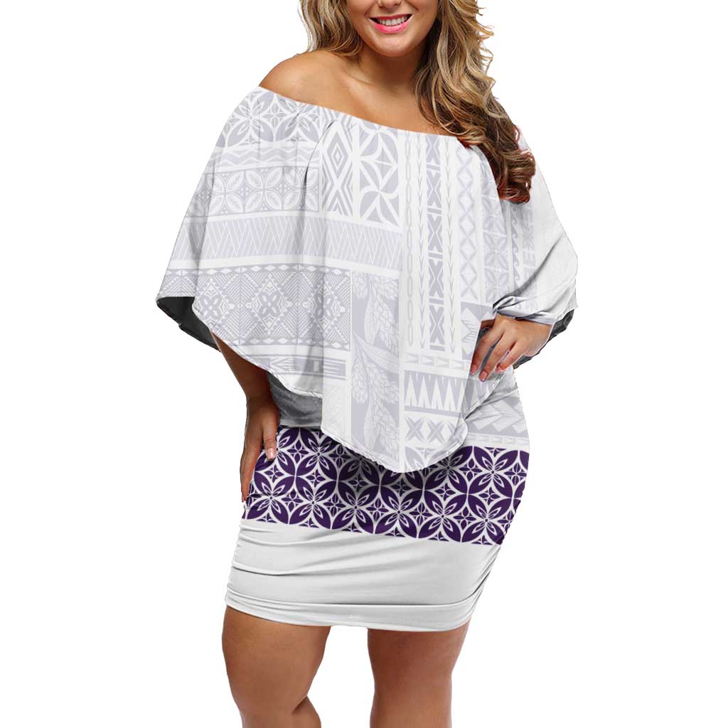 Samoa Siapo Purple Trimmed Family Matching Off Shoulder Short Dress and Hawaiian Shirt Samoa White Sunday LT01 Mom's Dress Purple - Polynesian Pride