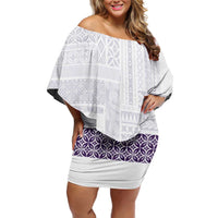 Samoa Siapo Purple Trimmed Family Matching Off Shoulder Short Dress and Hawaiian Shirt Samoa White Sunday LT01 Mom's Dress Purple - Polynesian Pride