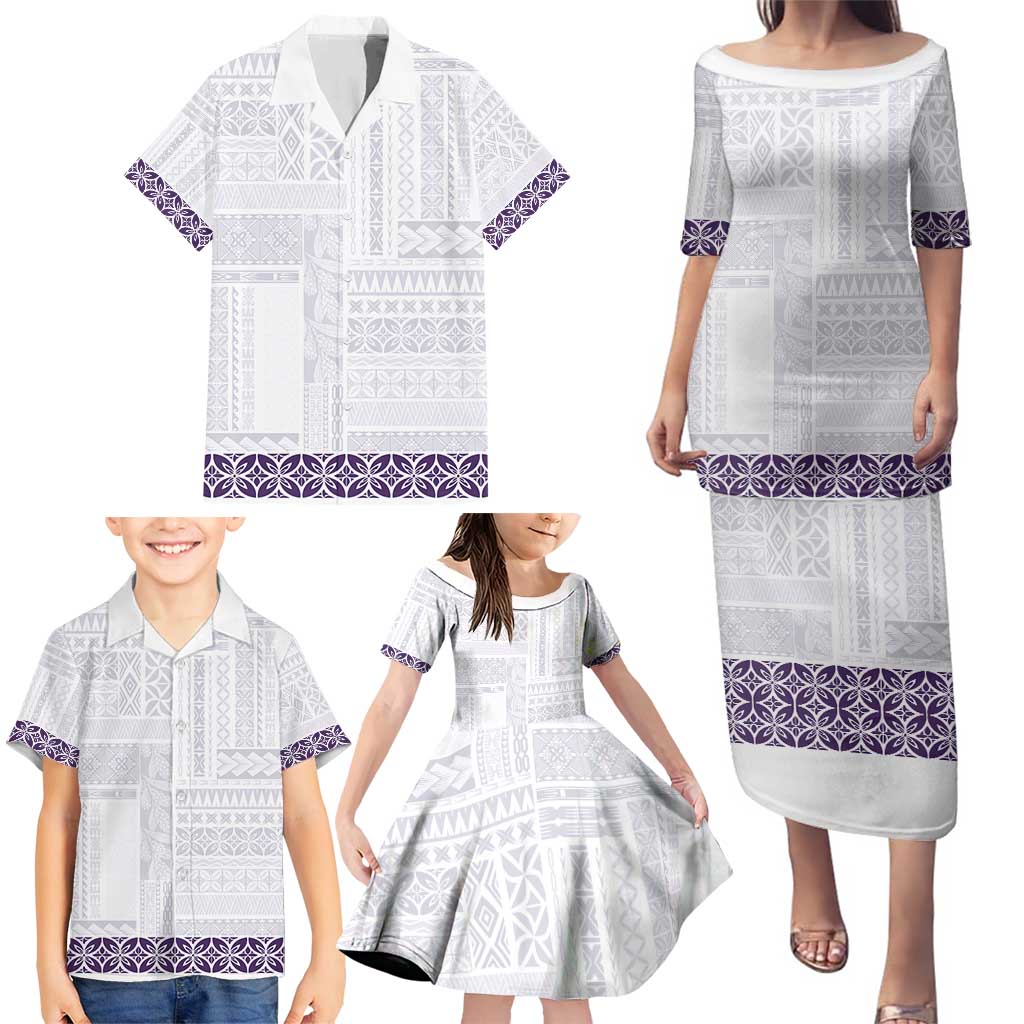 Samoa Siapo Purple Trimmed Family Matching Puletasi and Hawaiian Shirt Samoa White Sunday LT01 - Polynesian Pride