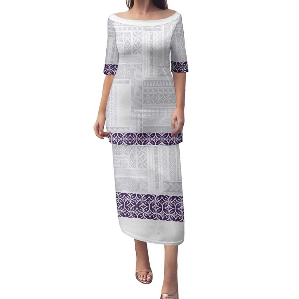 Samoa Siapo Purple Trimmed Family Matching Puletasi and Hawaiian Shirt Samoa White Sunday LT01 Mom's Dress Purple - Polynesian Pride