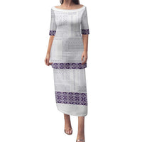 Samoa Siapo Purple Trimmed Family Matching Puletasi and Hawaiian Shirt Samoa White Sunday LT01 Mom's Dress Purple - Polynesian Pride