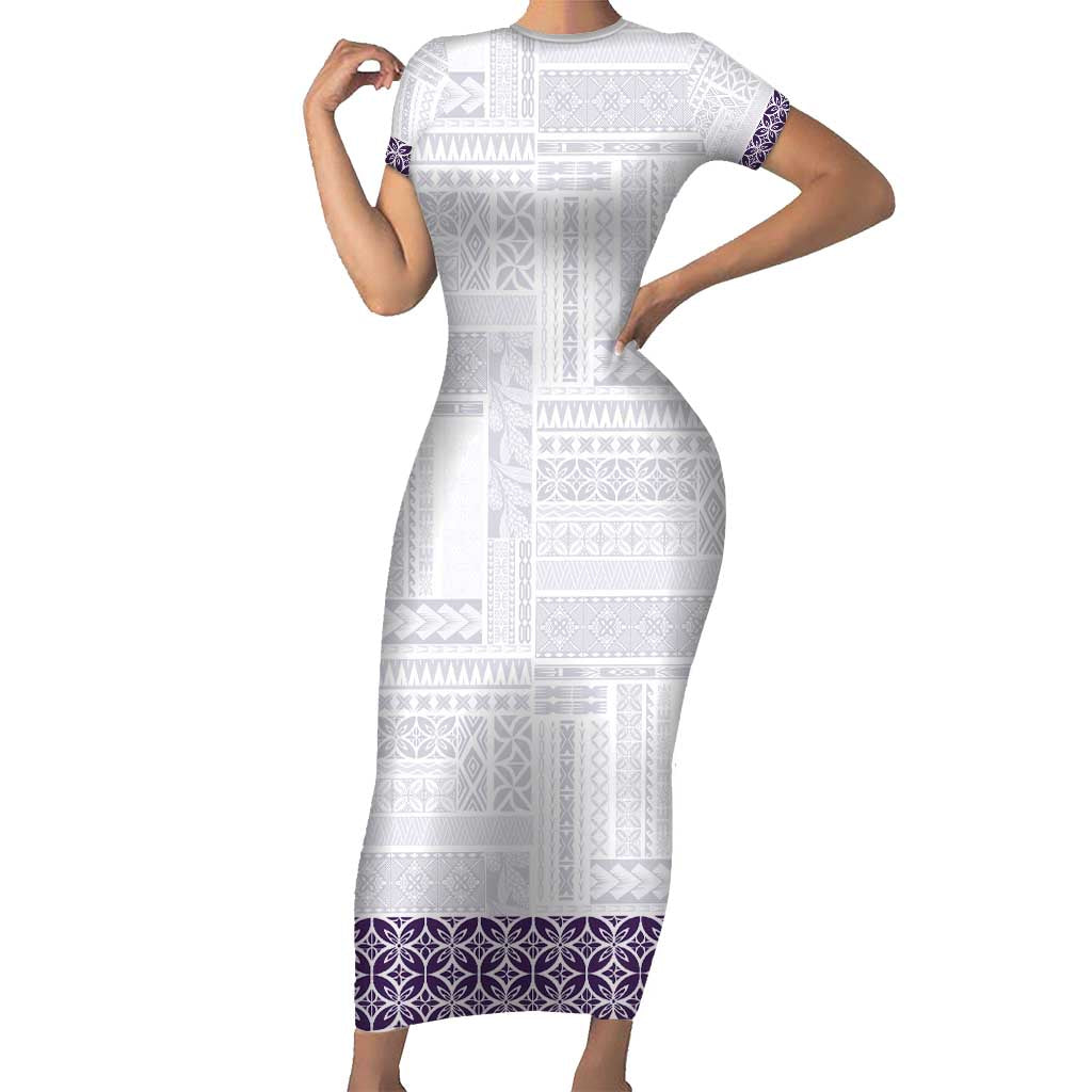 Samoa Siapo Purple Trimmed Family Matching Short Sleeve Bodycon Dress and Hawaiian Shirt Samoa White Sunday LT01 Mom's Dress Purple - Polynesian Pride