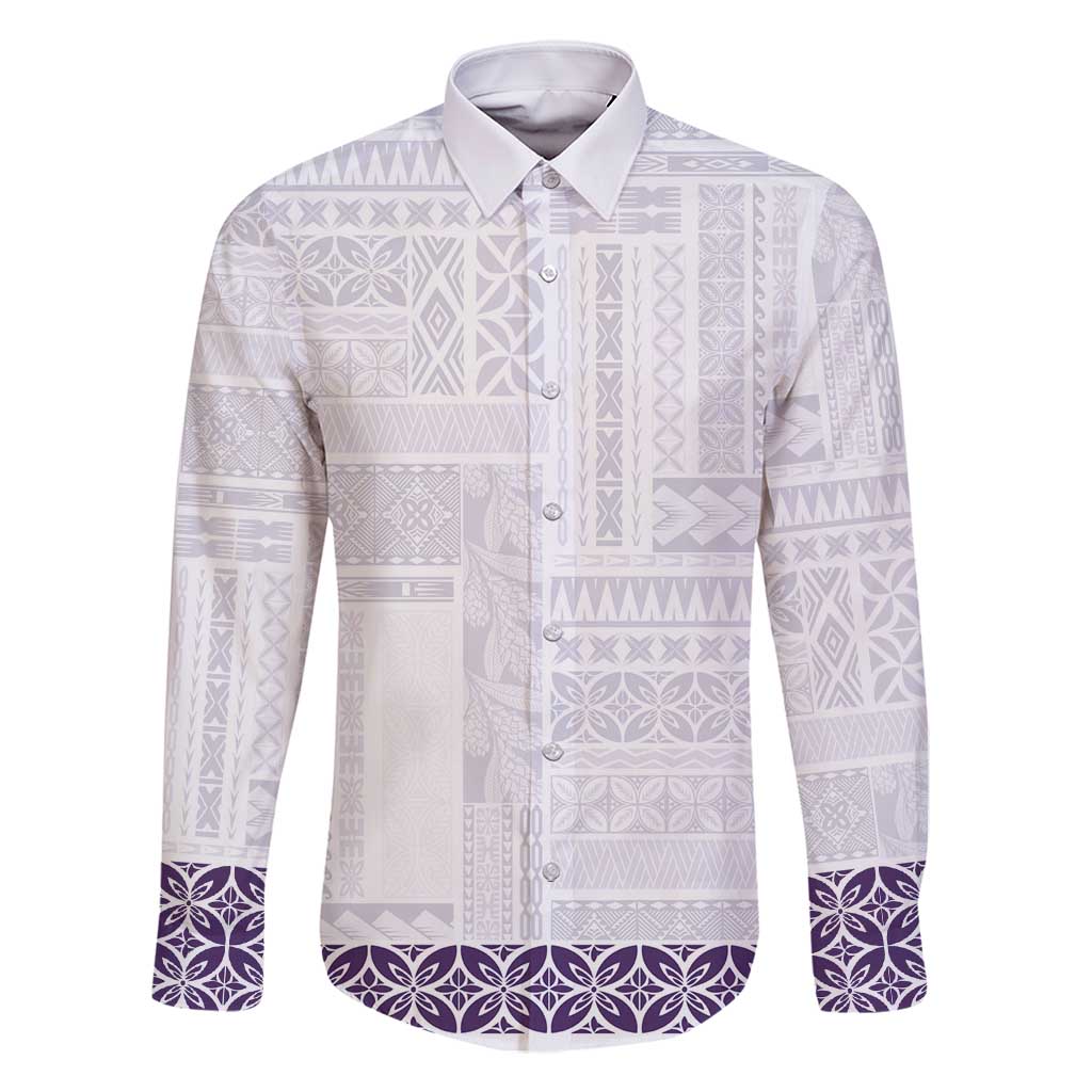 Samoa Siapo Purple Trimmed Family Matching Summer Maxi Dress and Hawaiian Shirt Samoa White Sunday LT01 Dad's Shirt - Long Sleeve Purple - Polynesian Pride