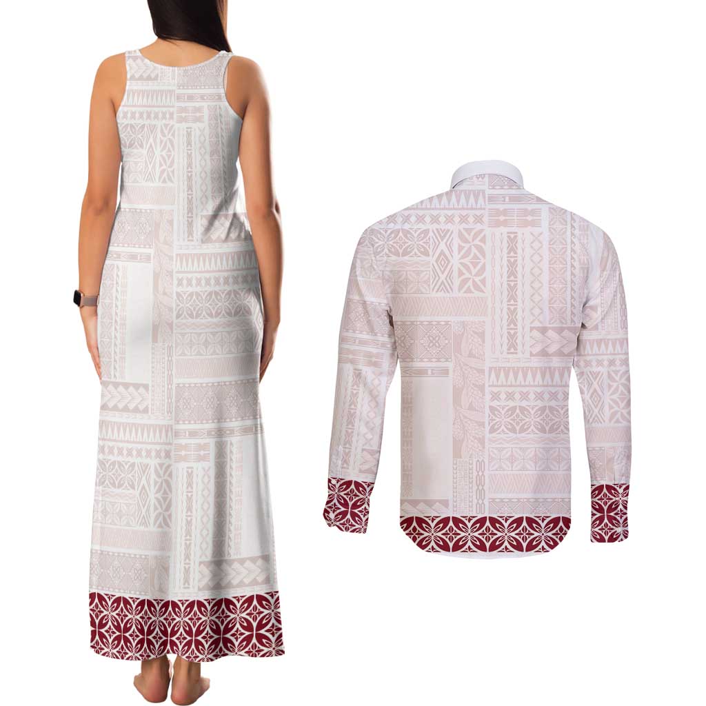 Samoa Siapo Red Trimmed Couples Matching Tank Maxi Dress and Long Sleeve Button Shirt Samoa White Sunday - Polynesian Pride