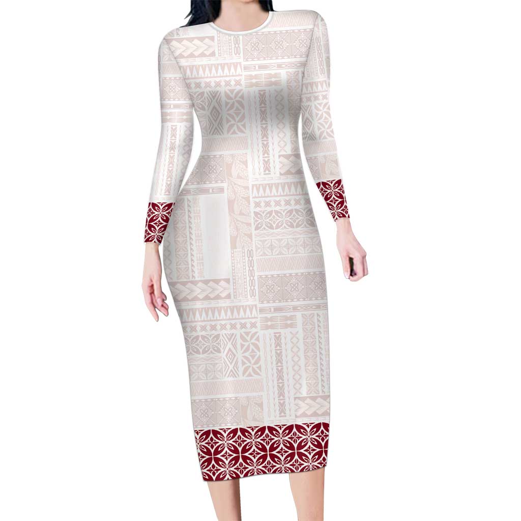 Samoa Siapo Red Trimmed Family Matching Long Sleeve Bodycon Dress and Hawaiian Shirt Samoa White Sunday LT01 Mom's Dress Red - Polynesian Pride