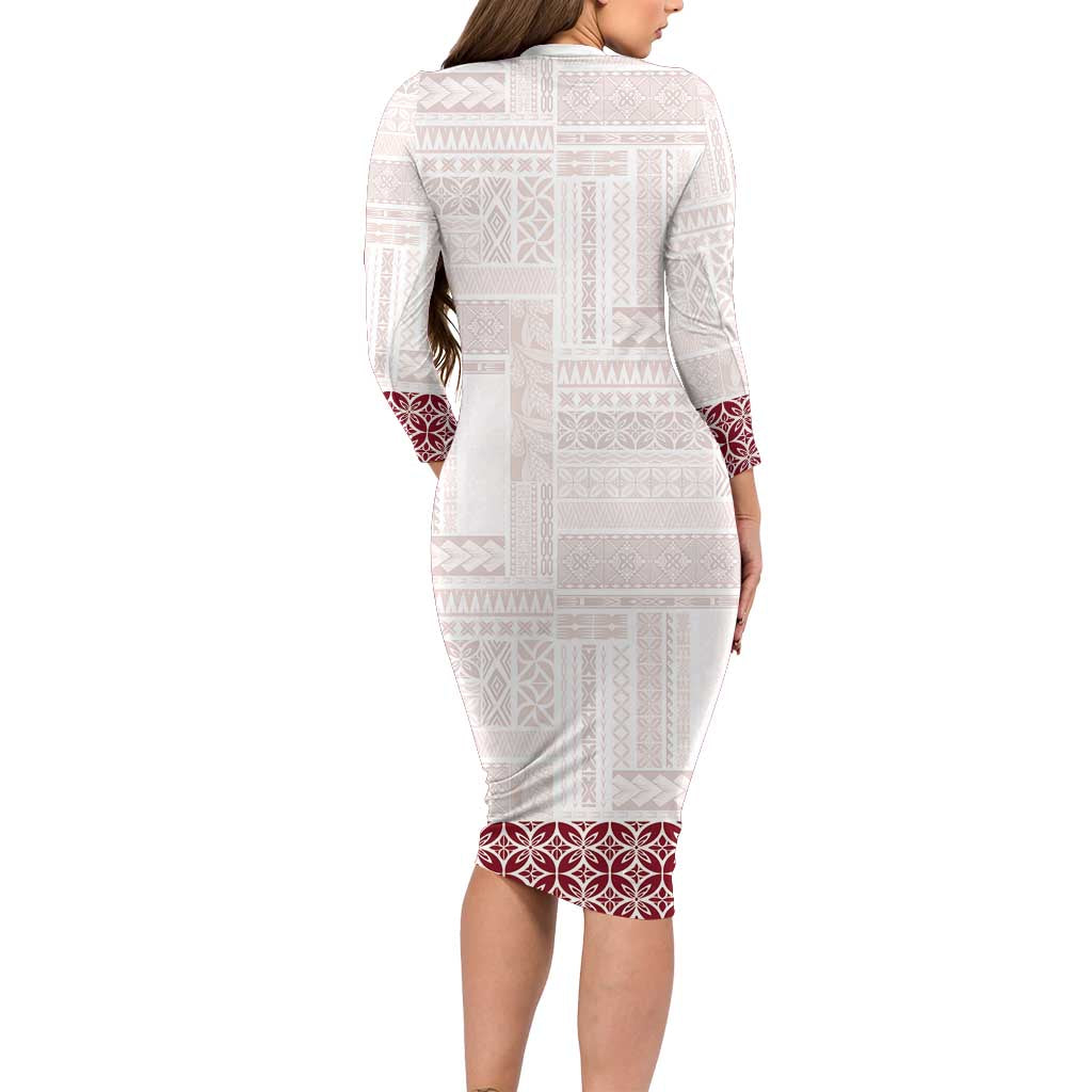 Samoa Siapo Red Trimmed Family Matching Long Sleeve Bodycon Dress and Hawaiian Shirt Samoa White Sunday LT01 - Polynesian Pride