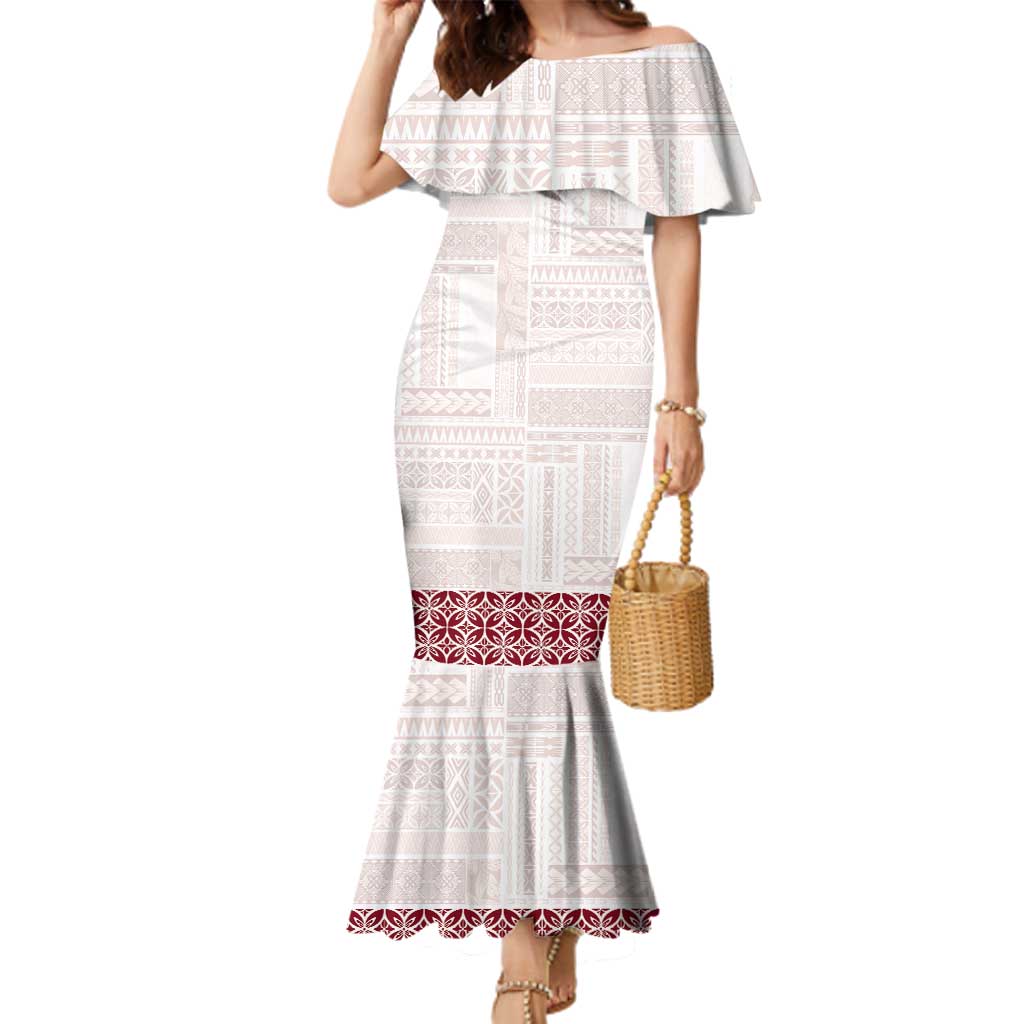Samoa Siapo Red Trimmed Family Matching Mermaid Dress and Hawaiian Shirt Samoa White Sunday LT01 Mom's Dress Red - Polynesian Pride
