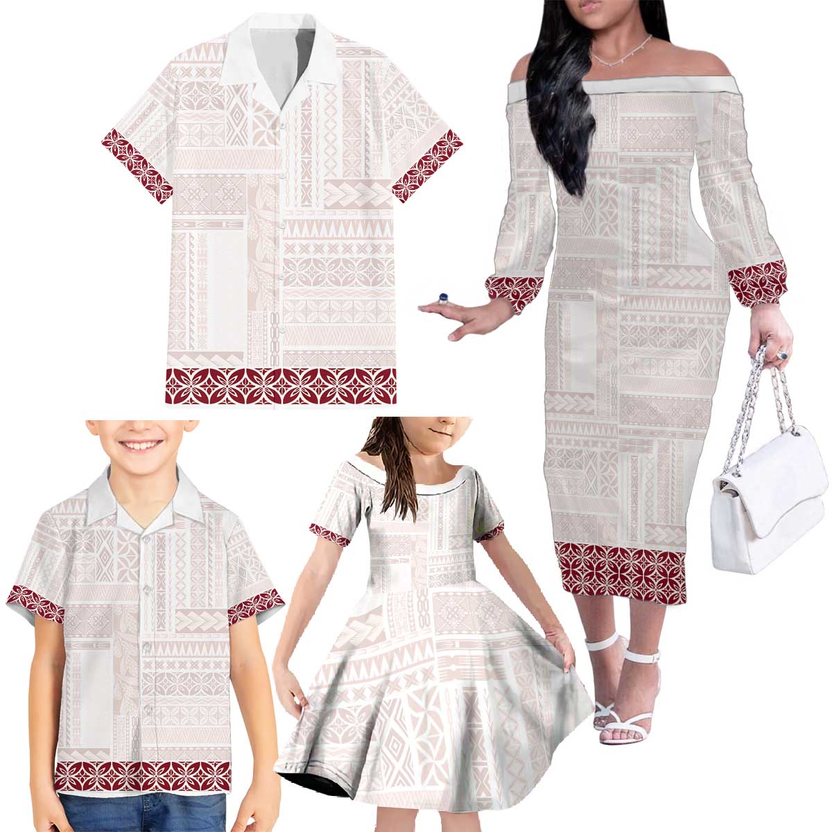 Samoa Siapo Red Trimmed Family Matching Off The Shoulder Long Sleeve Dress and Hawaiian Shirt Samoa White Sunday LT01 - Polynesian Pride