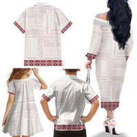 Samoa Siapo Red Trimmed Family Matching Off The Shoulder Long Sleeve Dress and Hawaiian Shirt Samoa White Sunday LT01 - Polynesian Pride