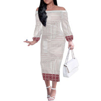 Samoa Siapo Red Trimmed Family Matching Off The Shoulder Long Sleeve Dress and Hawaiian Shirt Samoa White Sunday LT01 Mom's Dress Red - Polynesian Pride