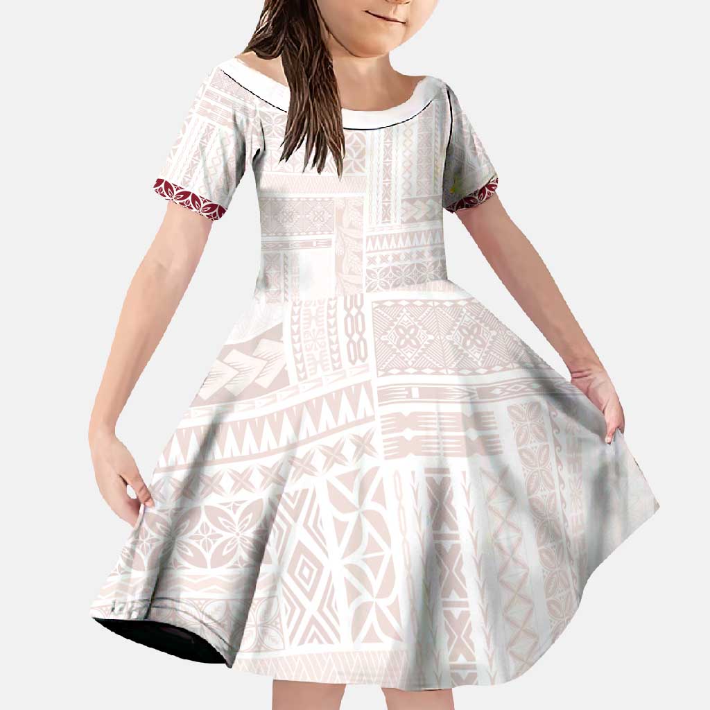 Samoa Siapo Red Trimmed Family Matching Off Shoulder Maxi Dress and Hawaiian Shirt Samoa White Sunday LT01 Daughter's Dress Red - Polynesian Pride