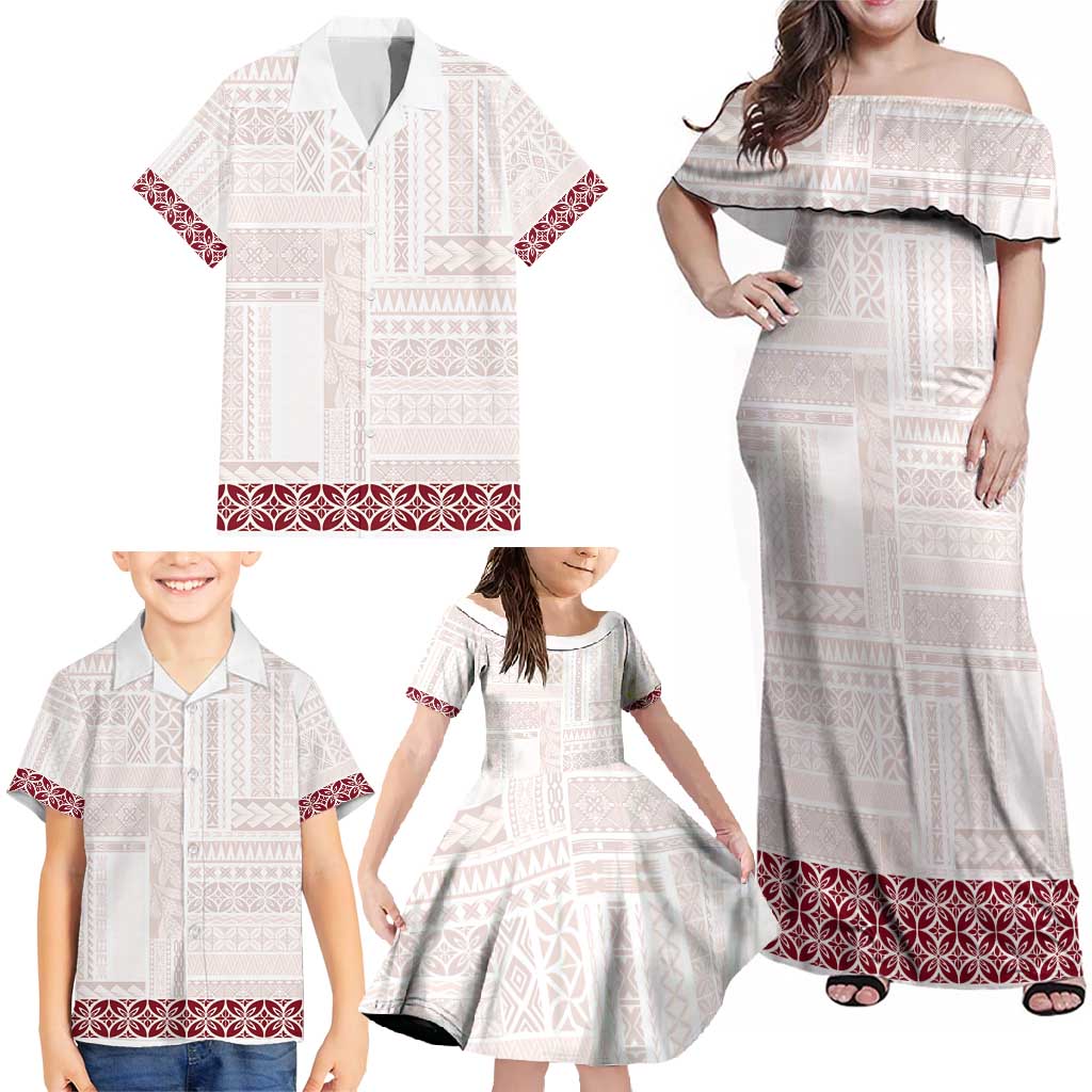 Samoa Siapo Red Trimmed Family Matching Off Shoulder Maxi Dress and Hawaiian Shirt Samoa White Sunday LT01 - Polynesian Pride