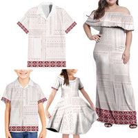 Samoa Siapo Red Trimmed Family Matching Off Shoulder Maxi Dress and Hawaiian Shirt Samoa White Sunday LT01 - Polynesian Pride
