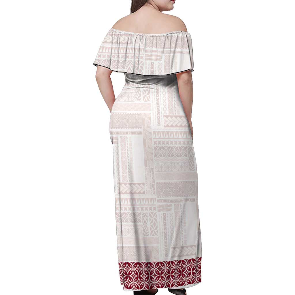 Samoa Siapo Red Trimmed Family Matching Off Shoulder Maxi Dress and Hawaiian Shirt Samoa White Sunday LT01 - Polynesian Pride