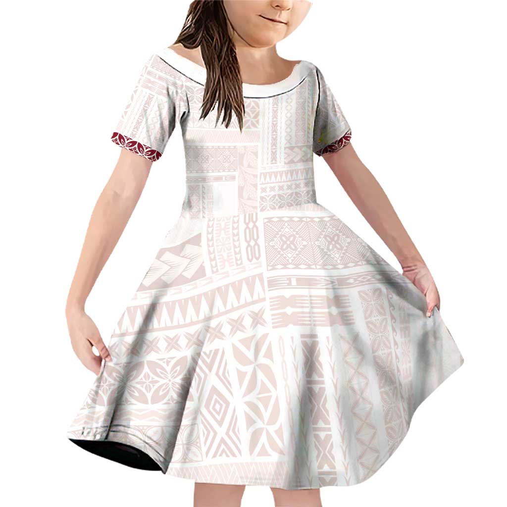 Samoa Siapo Red Trimmed Family Matching Off Shoulder Short Dress and Hawaiian Shirt Samoa White Sunday LT01 Daughter's Dress Red - Polynesian Pride