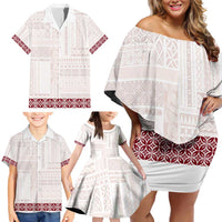 Samoa Siapo Red Trimmed Family Matching Off Shoulder Short Dress and Hawaiian Shirt Samoa White Sunday LT01 - Polynesian Pride