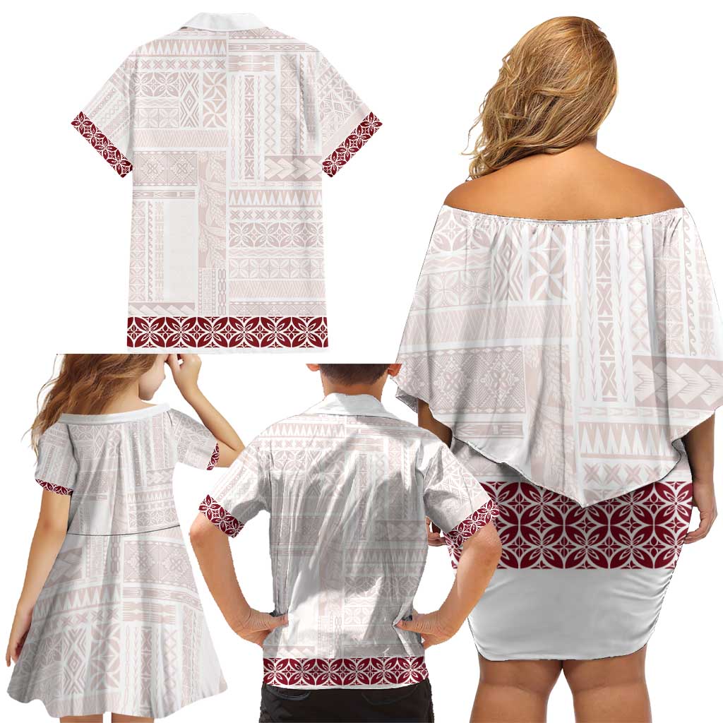Samoa Siapo Red Trimmed Family Matching Off Shoulder Short Dress and Hawaiian Shirt Samoa White Sunday LT01 - Polynesian Pride