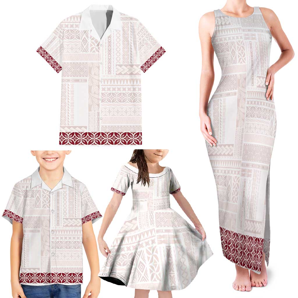 Samoa Siapo Red Trimmed Family Matching Tank Maxi Dress and Hawaiian Shirt Samoa White Sunday LT01 - Polynesian Pride