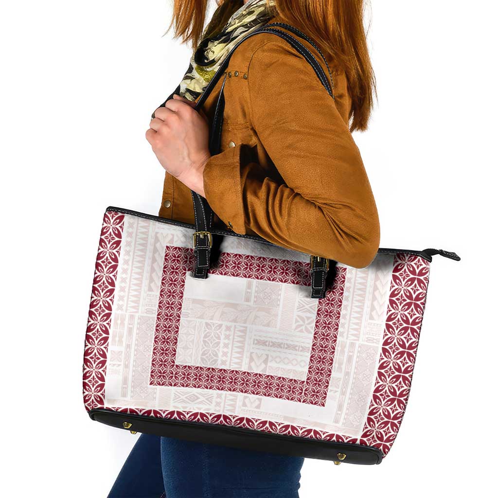 Samoa Siapo Red Trimmed Leather Tote Bag Samoa White Sunday - Polynesian Pride