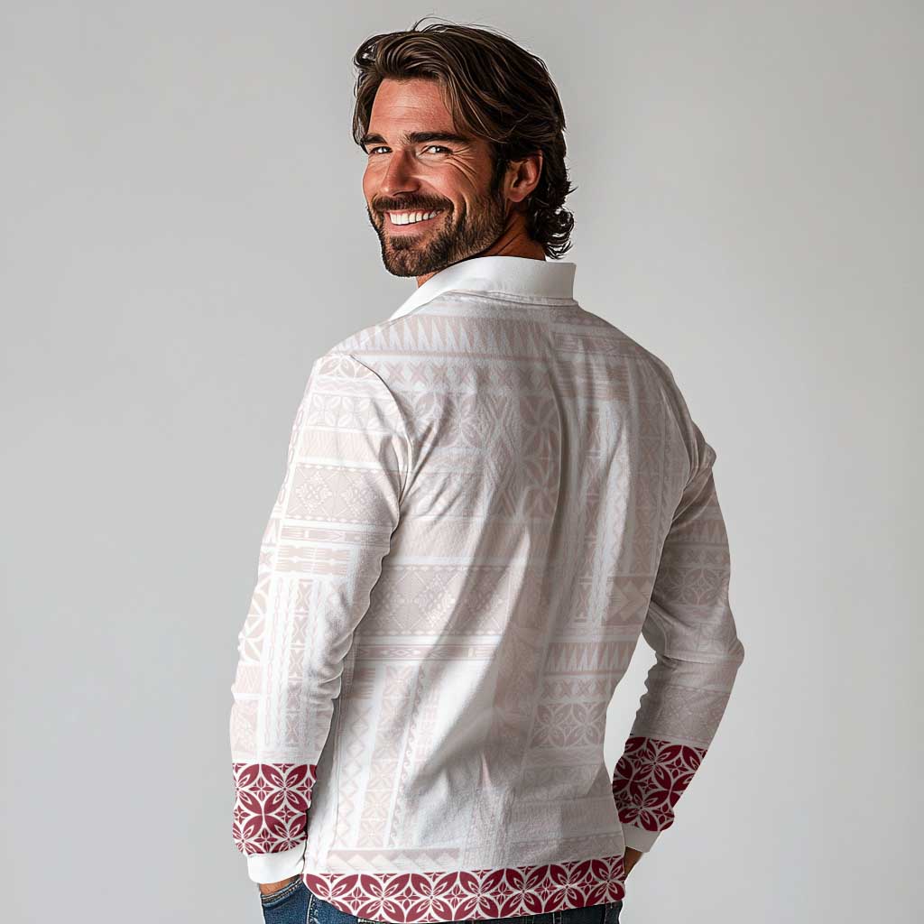 Samoa Siapo Red Trimmed Long Sleeve Polo Shirt Samoa White Sunday - Polynesian Pride