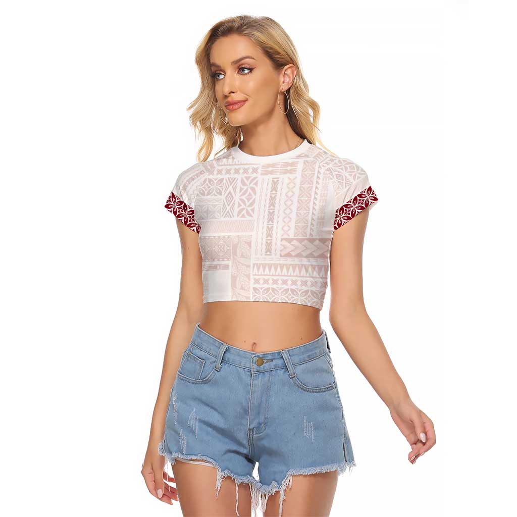 Samoa Siapo Red Trimmed Raglan Cropped T Shirt Samoa White Sunday - Polynesian Pride