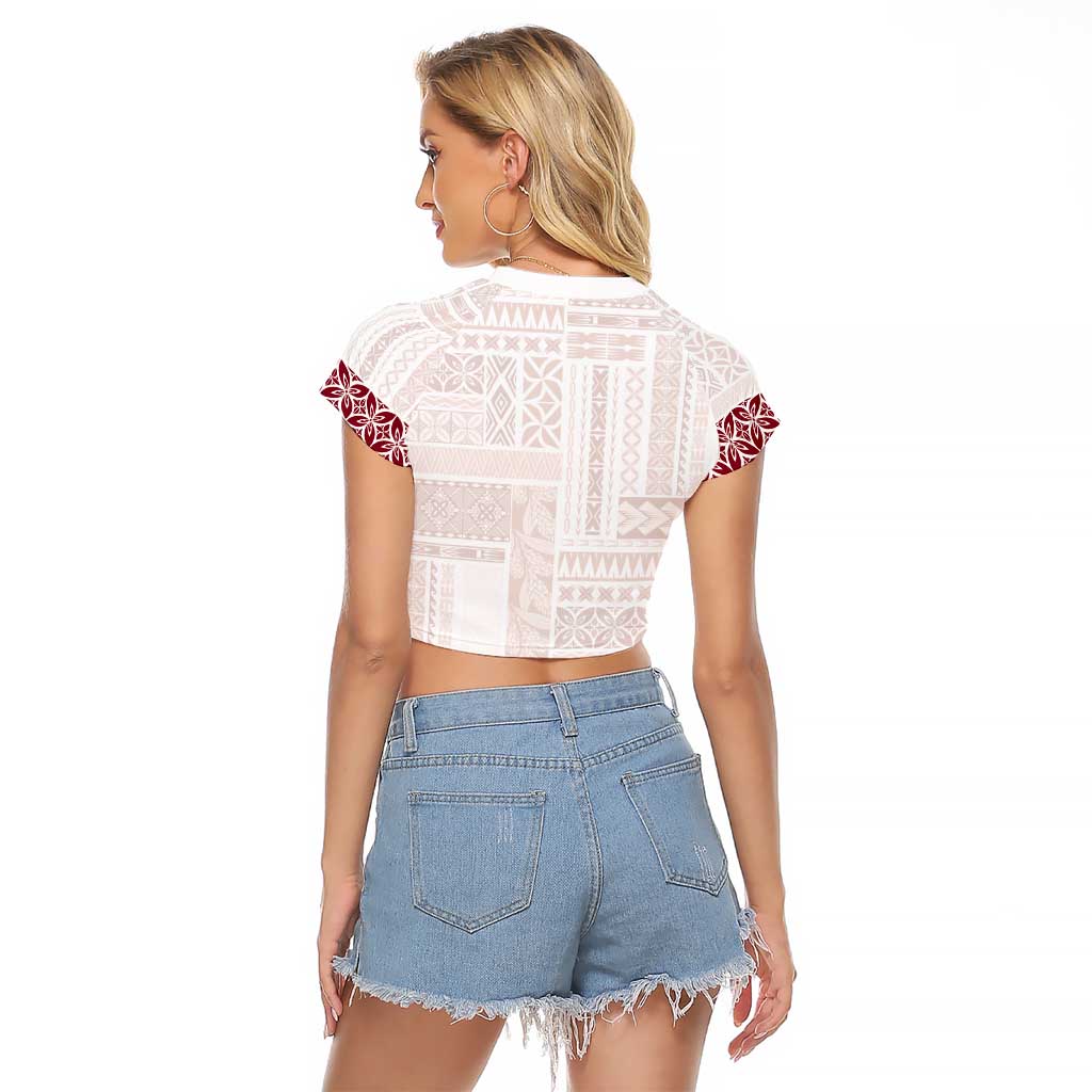 Samoa Siapo Red Trimmed Raglan Cropped T Shirt Samoa White Sunday - Polynesian Pride