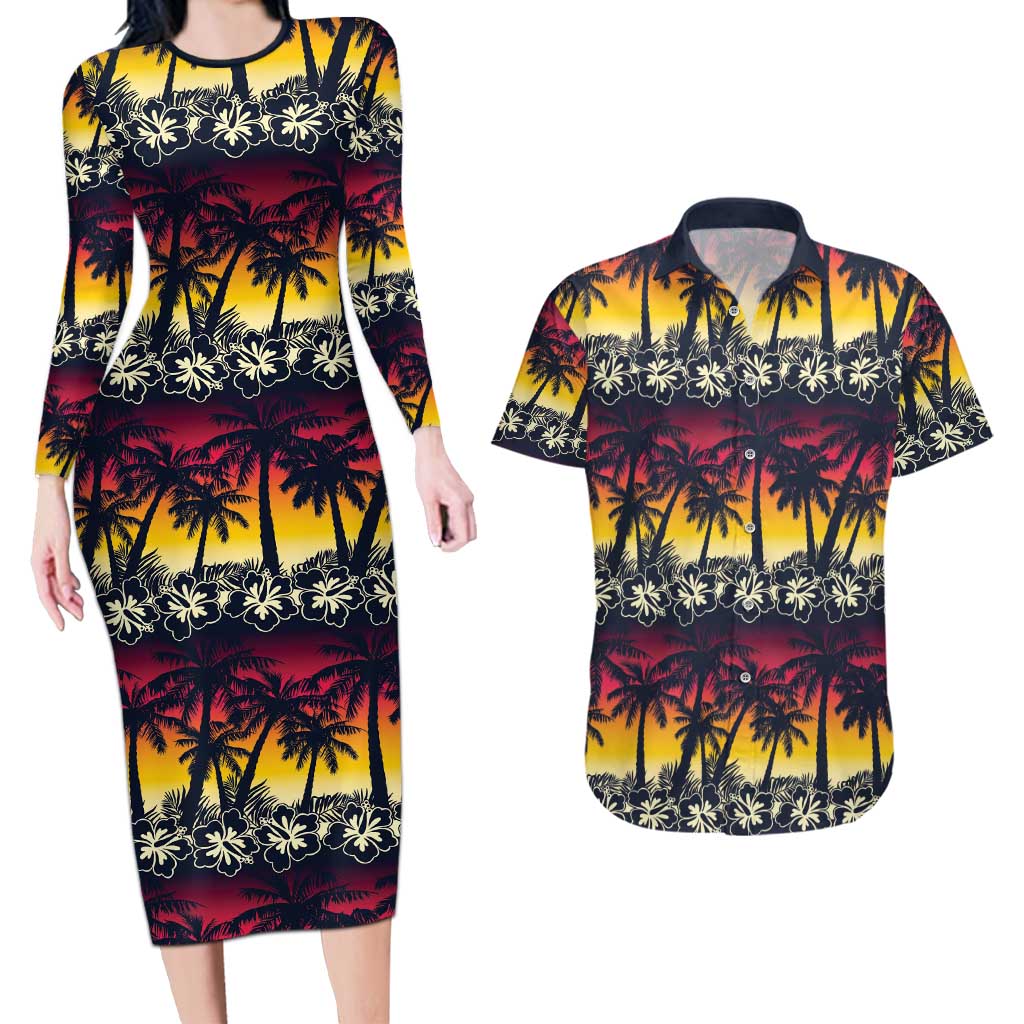 Hawaii Hibiscus Palm Tree Sunset Couples Matching Long Sleeve Bodycon Dress and Hawaiian Shirt Tropical Style LT01 Multicolor - Polynesian Pride