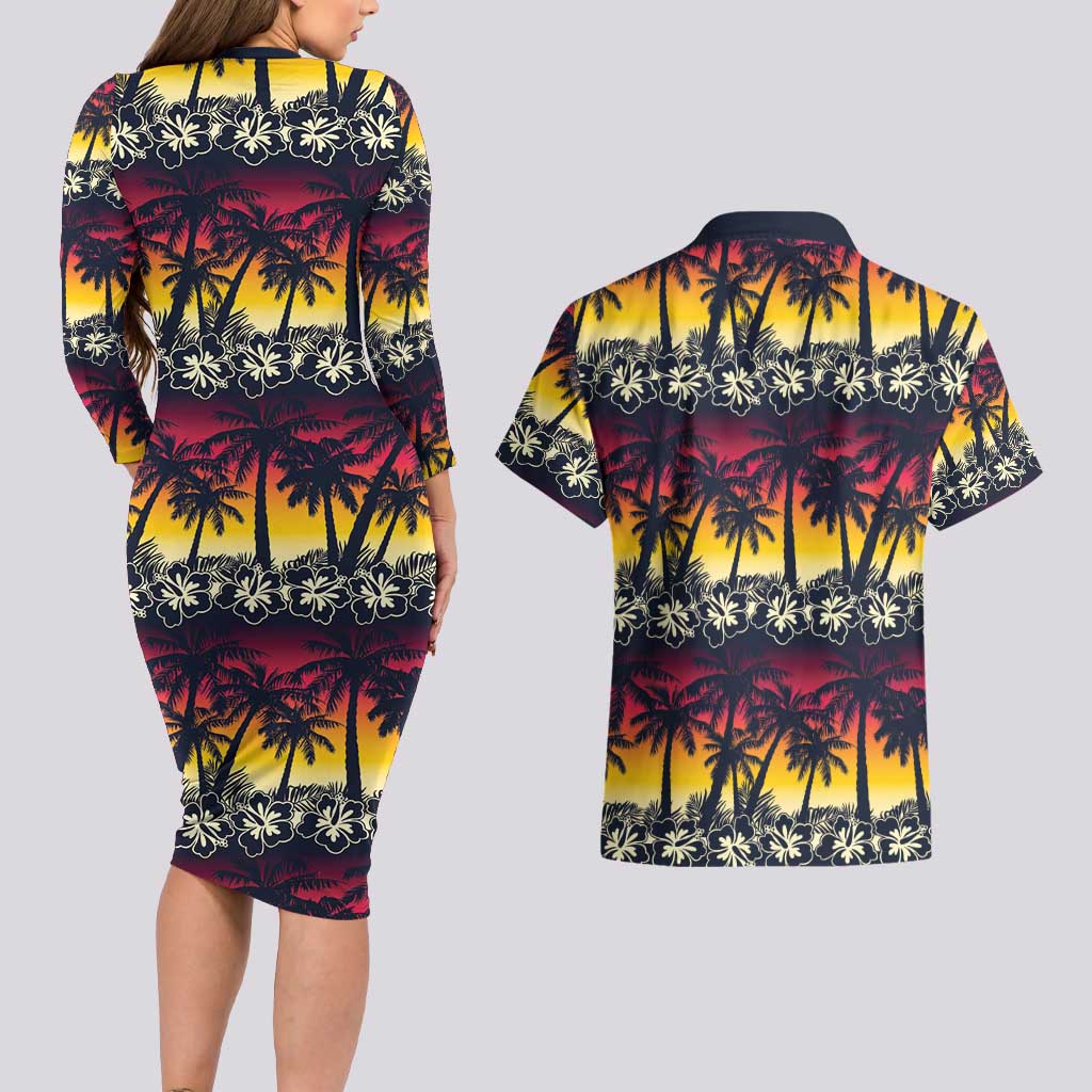 Hawaii Hibiscus Palm Tree Sunset Couples Matching Long Sleeve Bodycon Dress and Hawaiian Shirt Tropical Style LT01 - Polynesian Pride
