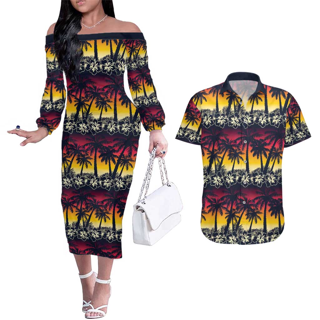 Hawaii Hibiscus Palm Tree Sunset Couples Matching Off The Shoulder Long Sleeve Dress and Hawaiian Shirt Tropical Style LT01 Multicolor - Polynesian Pride