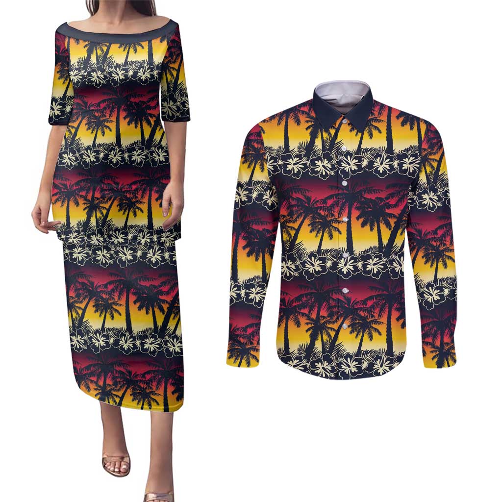 Hawaii Hibiscus Palm Tree Sunset Couples Matching Puletasi and Long Sleeve Button Shirt Tropical Style LT01 Multicolor - Polynesian Pride