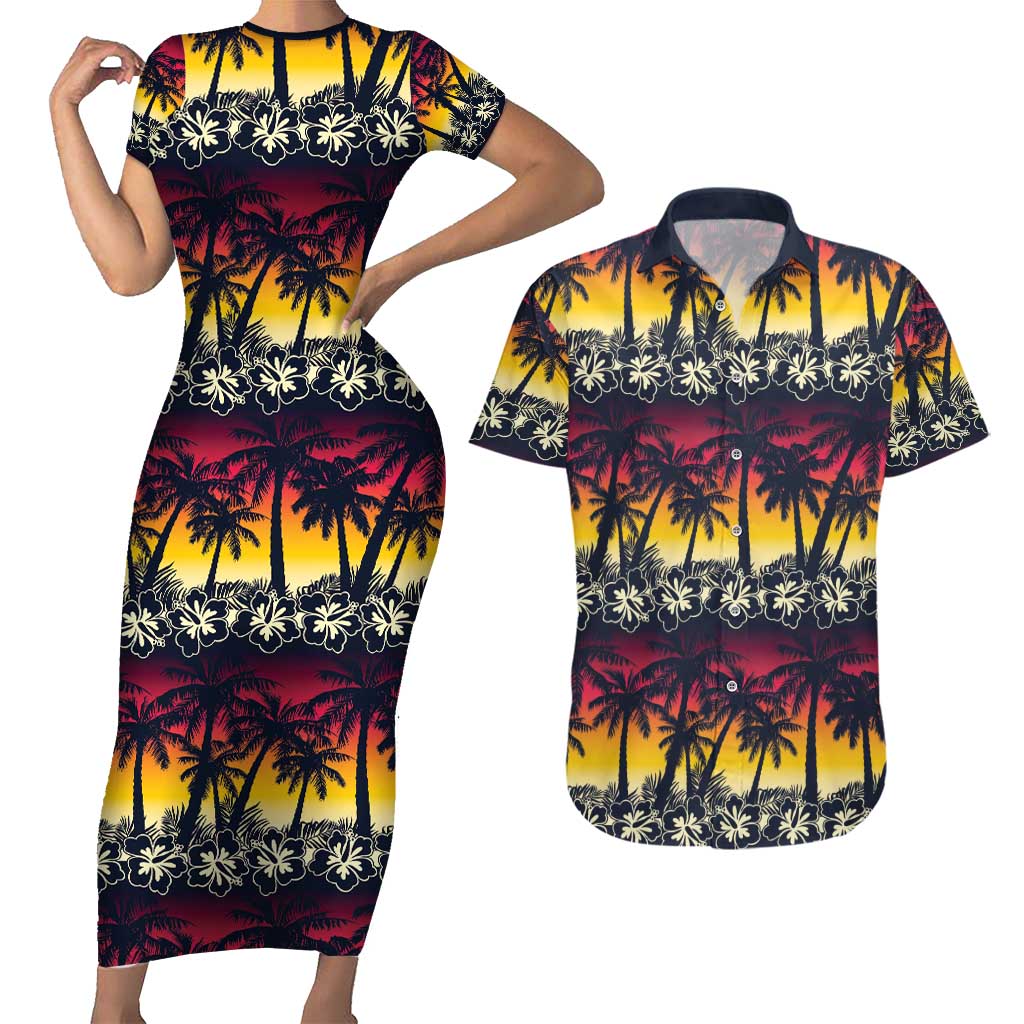 Hawaii Hibiscus Palm Tree Sunset Couples Matching Short Sleeve Bodycon Dress and Hawaiian Shirt Tropical Style LT01 Multicolor - Polynesian Pride