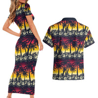 Hawaii Hibiscus Palm Tree Sunset Couples Matching Short Sleeve Bodycon Dress and Hawaiian Shirt Tropical Style LT01 - Polynesian Pride