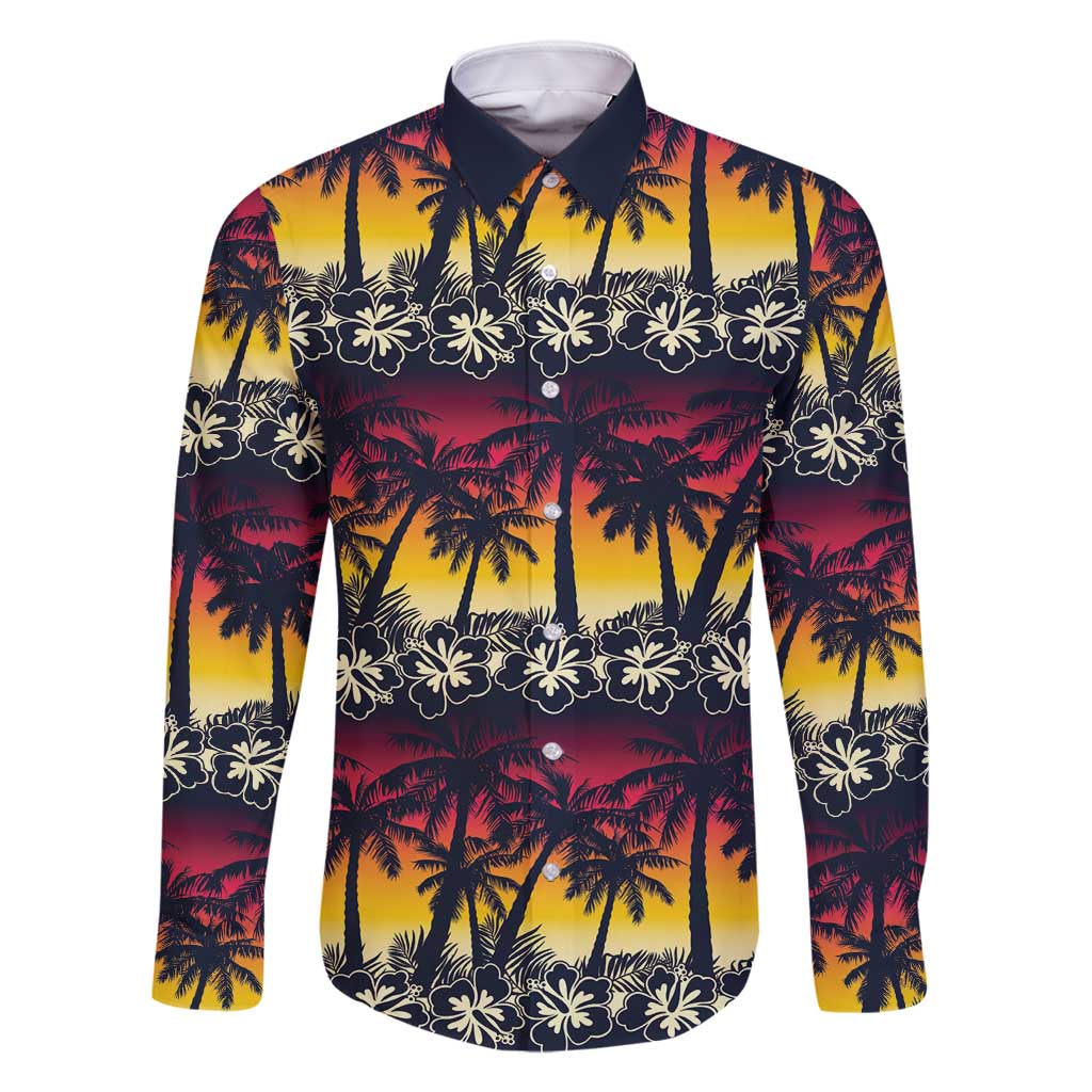 Hawaii Hibiscus Palm Tree Sunset Family Matching Long Sleeve Bodycon Dress and Hawaiian Shirt Tropical Style LT01 Dad's Shirt - Long Sleeve Multicolor - Polynesian Pride