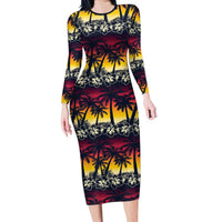 Hawaii Hibiscus Palm Tree Sunset Family Matching Long Sleeve Bodycon Dress and Hawaiian Shirt Tropical Style LT01 Mom's Dress Multicolor - Polynesian Pride