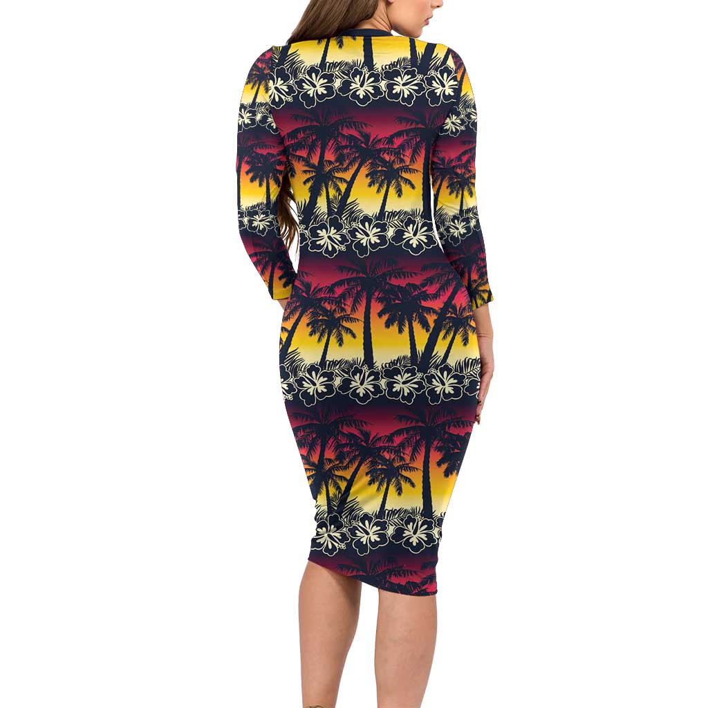 Hawaii Hibiscus Palm Tree Sunset Family Matching Long Sleeve Bodycon Dress and Hawaiian Shirt Tropical Style LT01 - Polynesian Pride