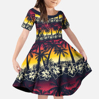 Hawaii Hibiscus Palm Tree Sunset Family Matching Mermaid Dress and Hawaiian Shirt Tropical Style LT01 Daughter's Dress Multicolor - Polynesian Pride