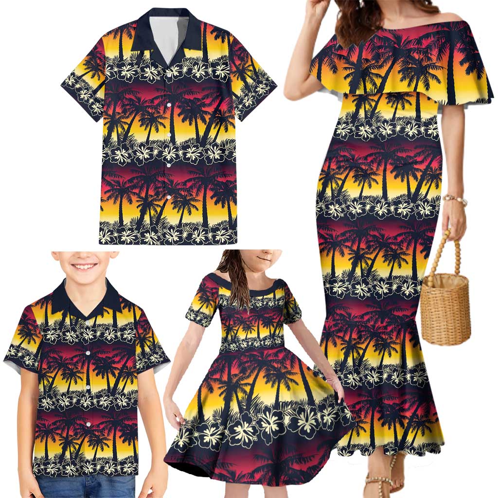 Hawaii Hibiscus Palm Tree Sunset Family Matching Mermaid Dress and Hawaiian Shirt Tropical Style - Polynesian Pride