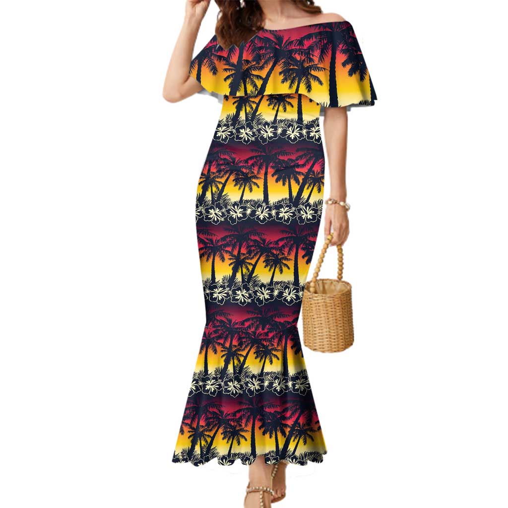 Hawaii Hibiscus Palm Tree Sunset Family Matching Mermaid Dress and Hawaiian Shirt Tropical Style LT01 Mom's Dress Multicolor - Polynesian Pride