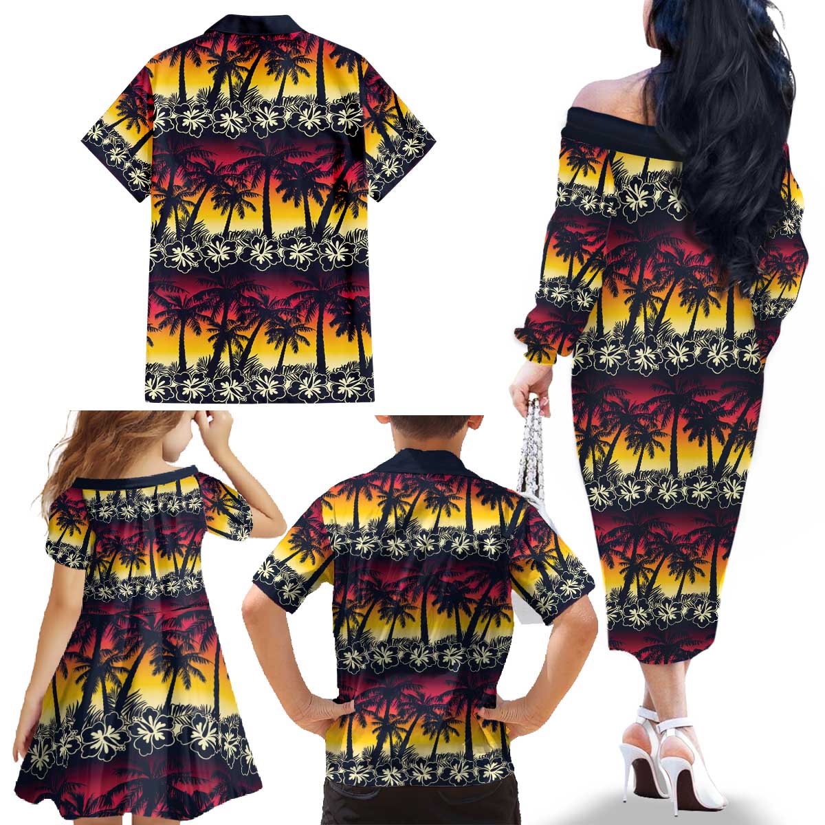 Hawaii Hibiscus Palm Tree Sunset Family Matching Off The Shoulder Long Sleeve Dress and Hawaiian Shirt Tropical Style LT01 - Polynesian Pride