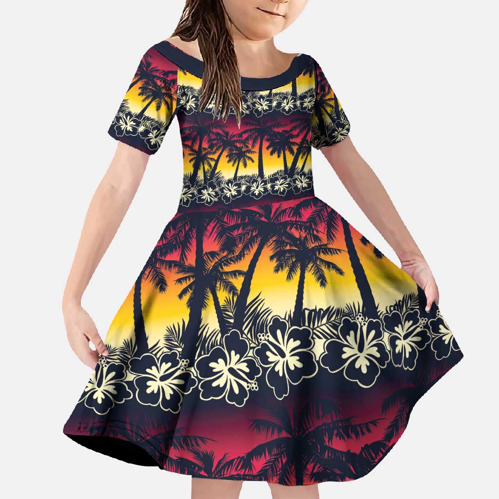 Hawaii Hibiscus Palm Tree Sunset Family Matching Off Shoulder Maxi Dress and Hawaiian Shirt Tropical Style LT01 Daughter's Dress Multicolor - Polynesian Pride
