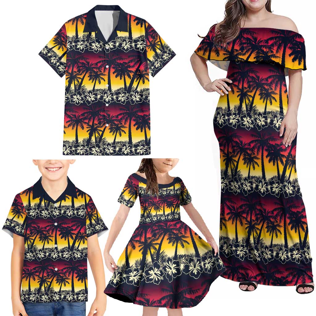 Hawaii Hibiscus Palm Tree Sunset Family Matching Off Shoulder Maxi Dress and Hawaiian Shirt Tropical Style - Polynesian Pride